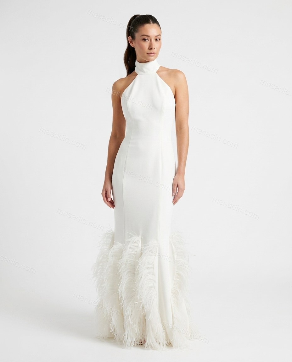 White Maxi Halter Feather-Trim Dress, front studio view, by mesadic.com