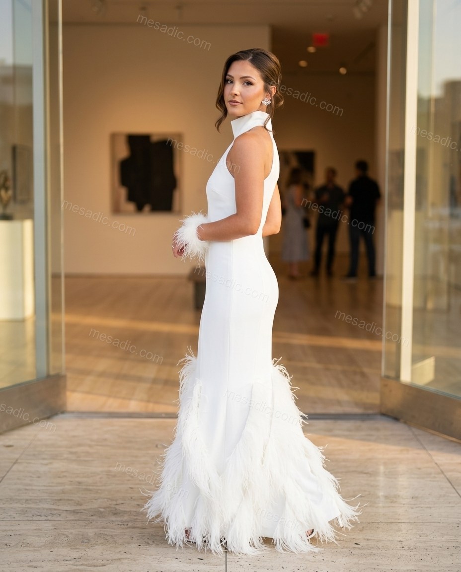 White Maxi Halter Feather-Trim Dress, movement and fit lifestyle view, by mesadic.com