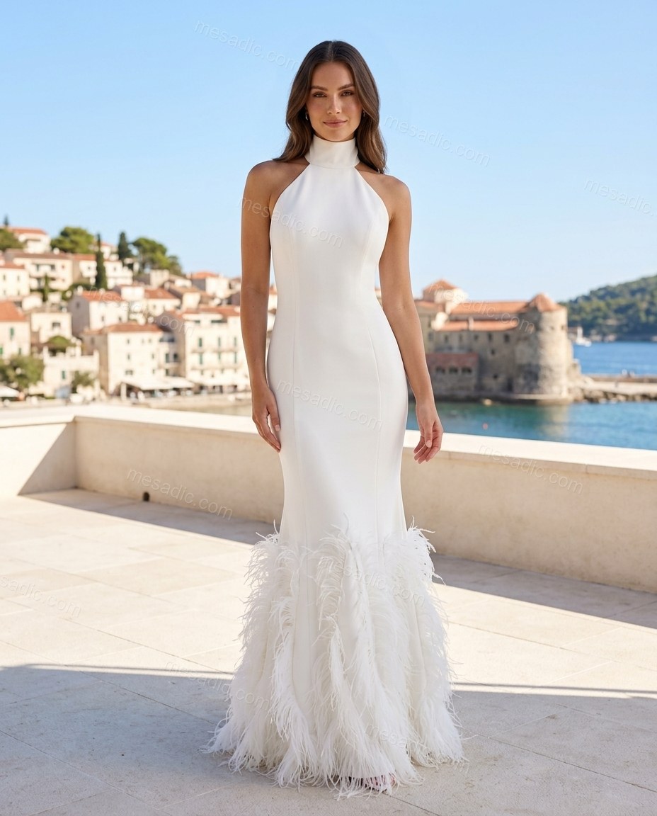 White Maxi Halter Feather-Trim Dress, full-length hero view, by mesadic.com