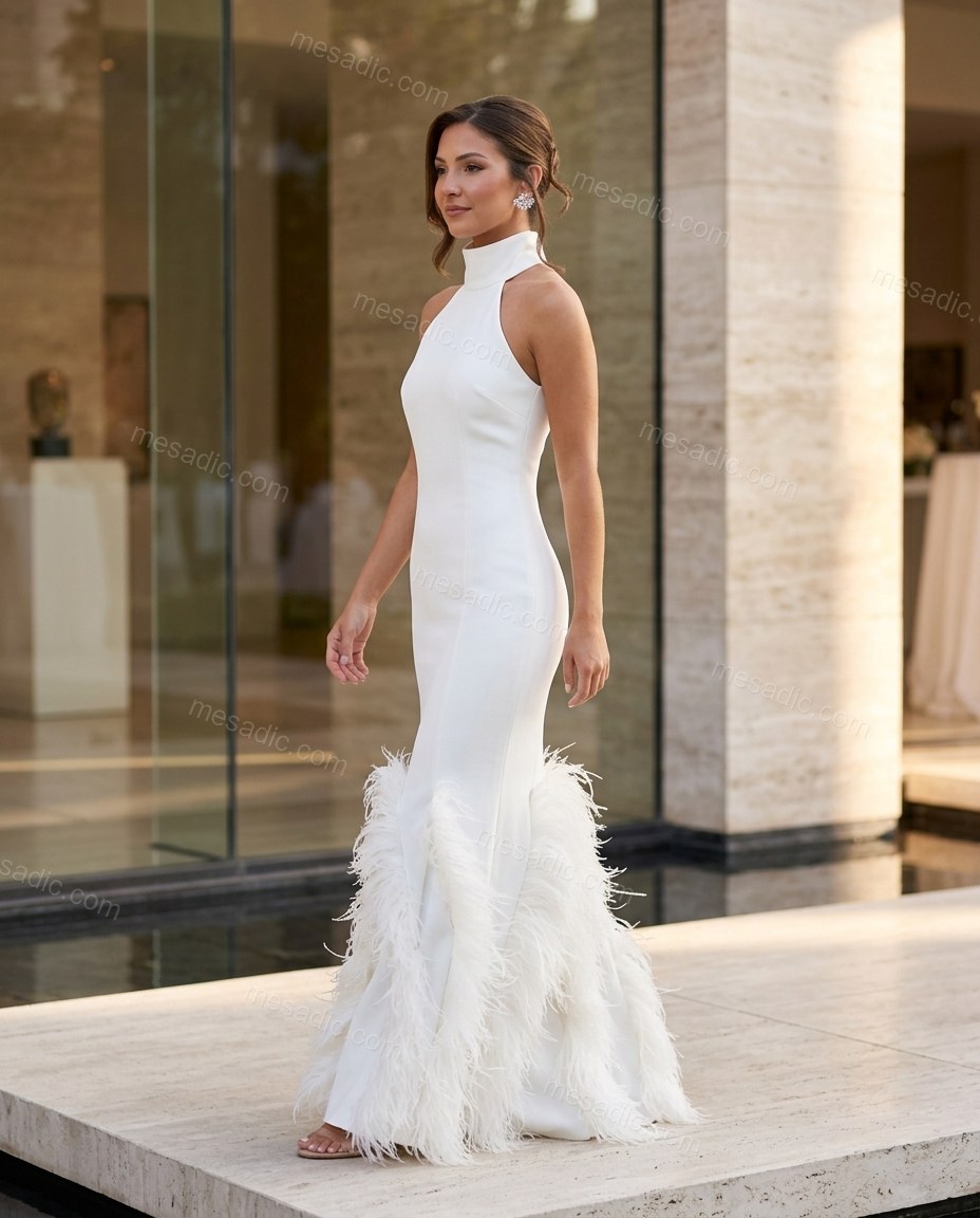 White Maxi Halter Feather-Trim Dress, walking lifestyle view, by mesadic.com