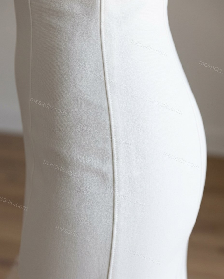 White Maxi Halter Feather-Trim Dress, close-up of feather trim, halter neck and form-fitting silhouette, by mesadic.com