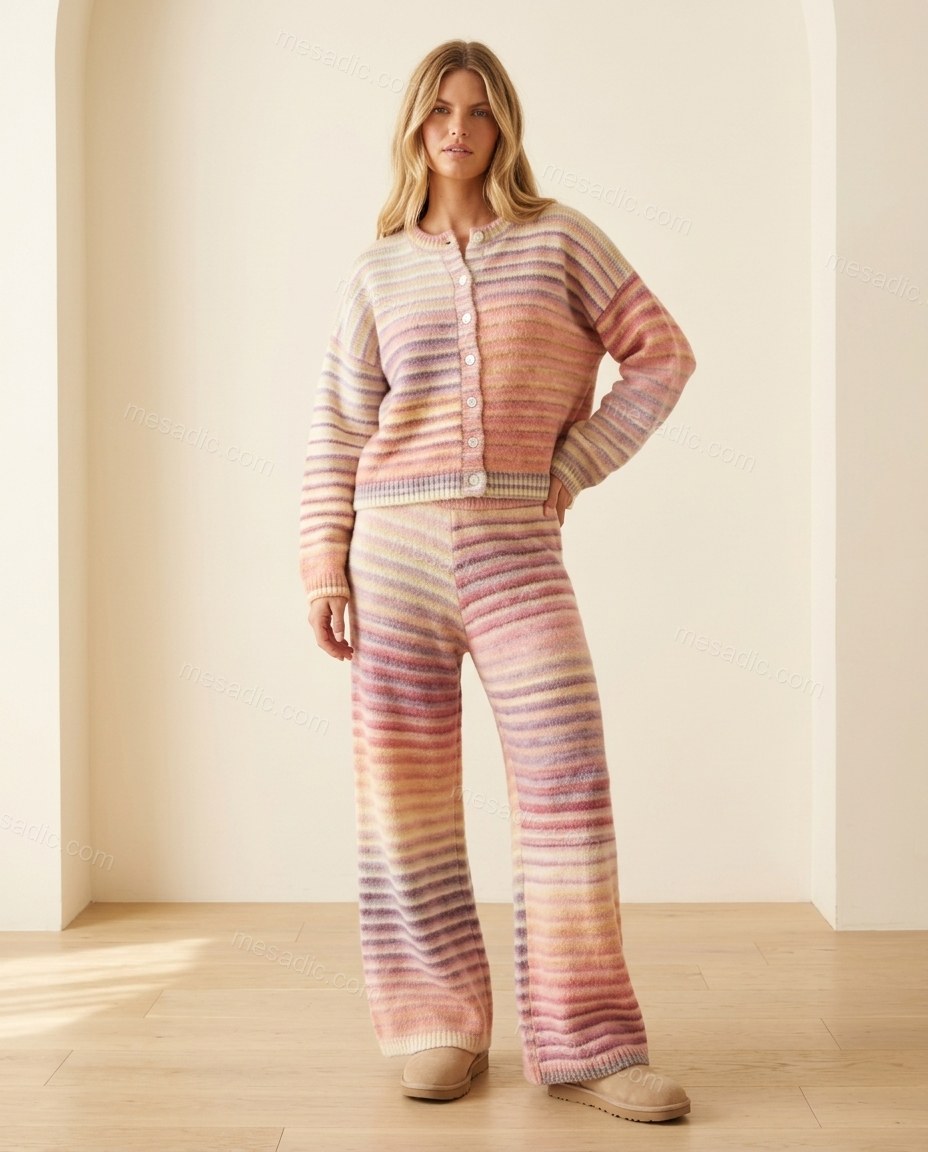 Pink Striped Knit Pants Set, full-length hero view, by mesadic.com