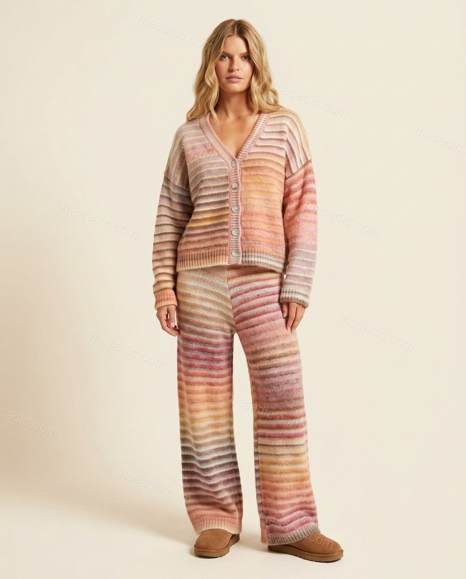 Pink Striped Knit Pants Set, front studio view, by mesadic.com
