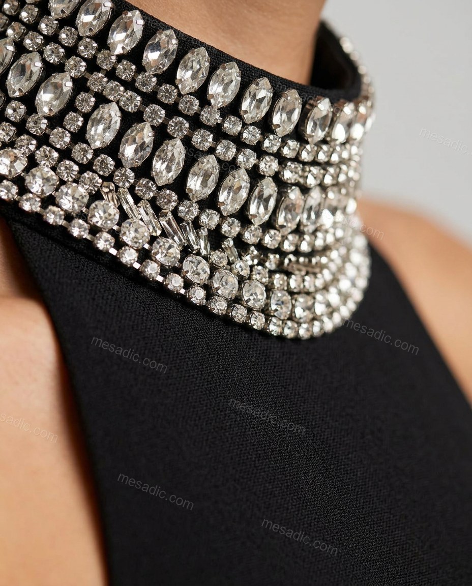 Black Mini Open-Back Halter Dress, close-up of silver accents, embellished neckline and embellished waistband, by mesadic.com