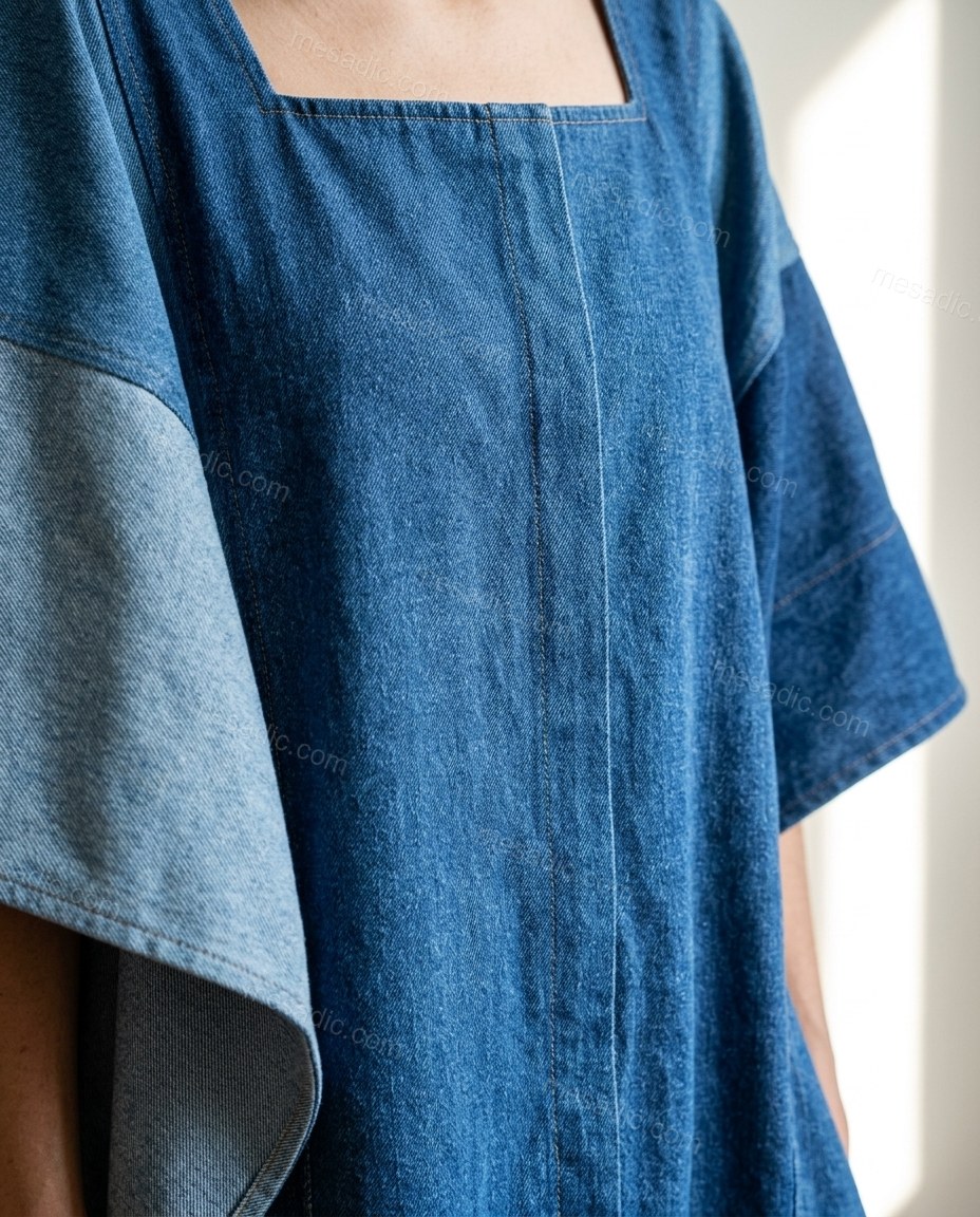 Blue Color-Block Mini Denim Dress, close-up of color-block, by mesadic.com