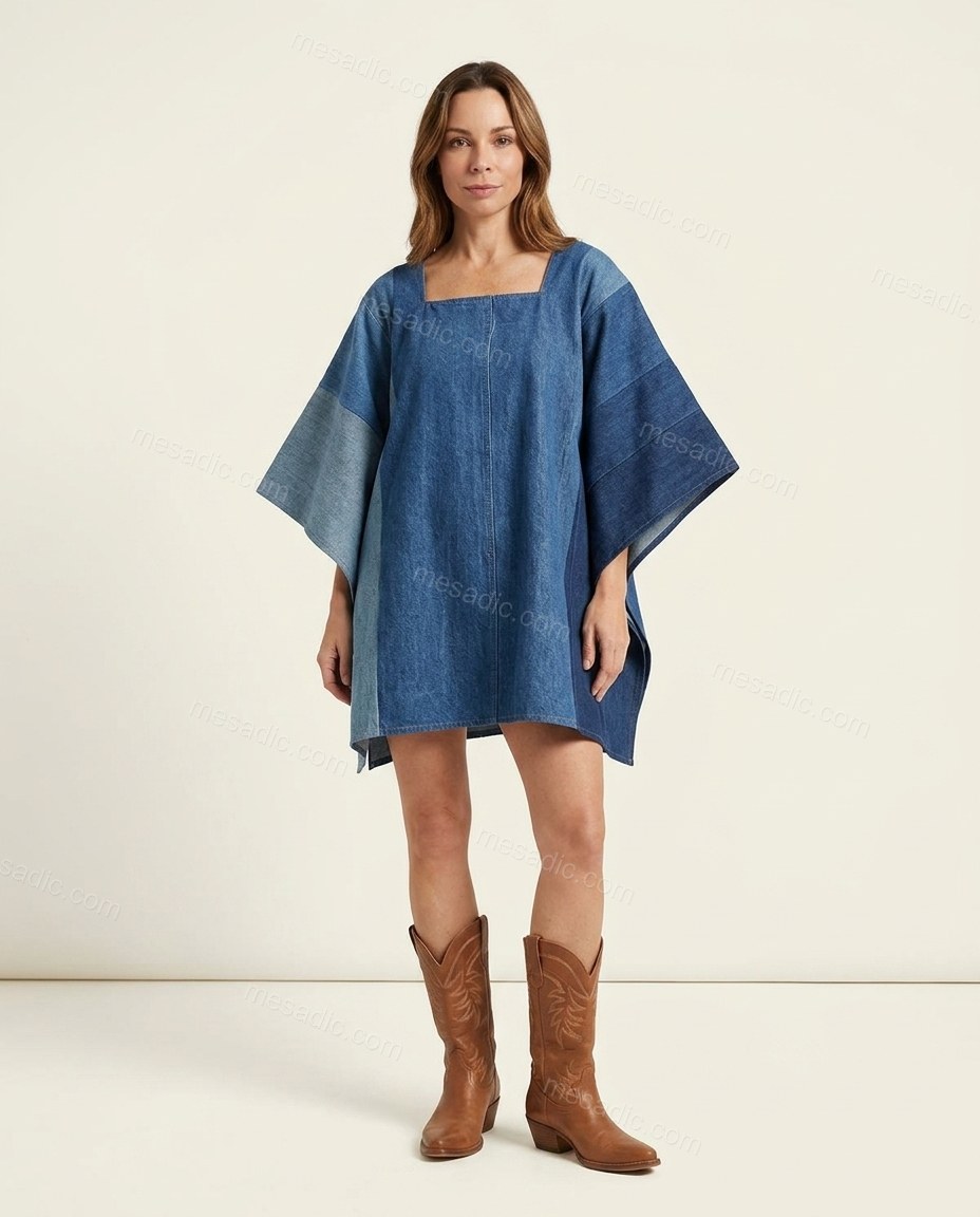 Blue Color-Block Mini Denim Dress, front studio view, by mesadic.com