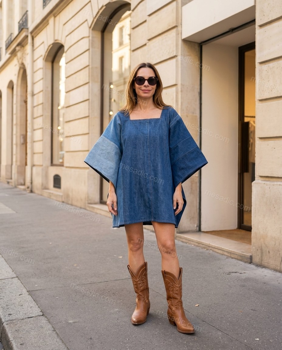 Blue Color-Block Mini Denim Dress, full-length hero view, by mesadic.com