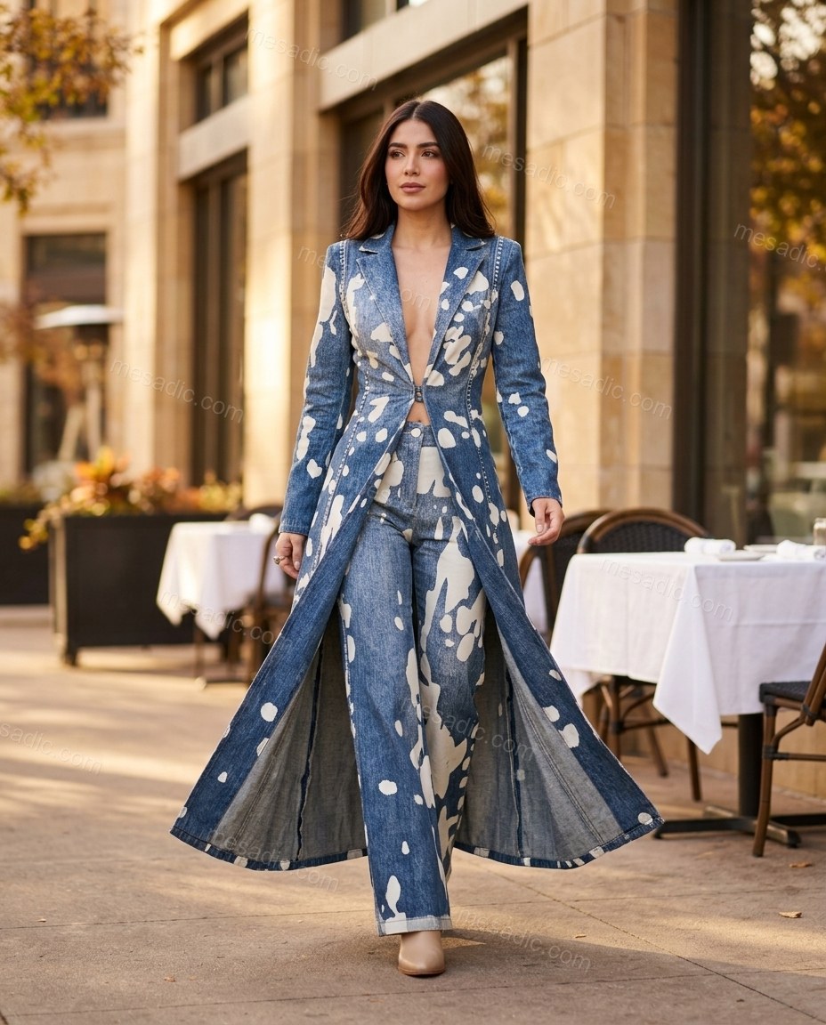 Blue Abstract Denim Pants Set, walking lifestyle view, by mesadic.com