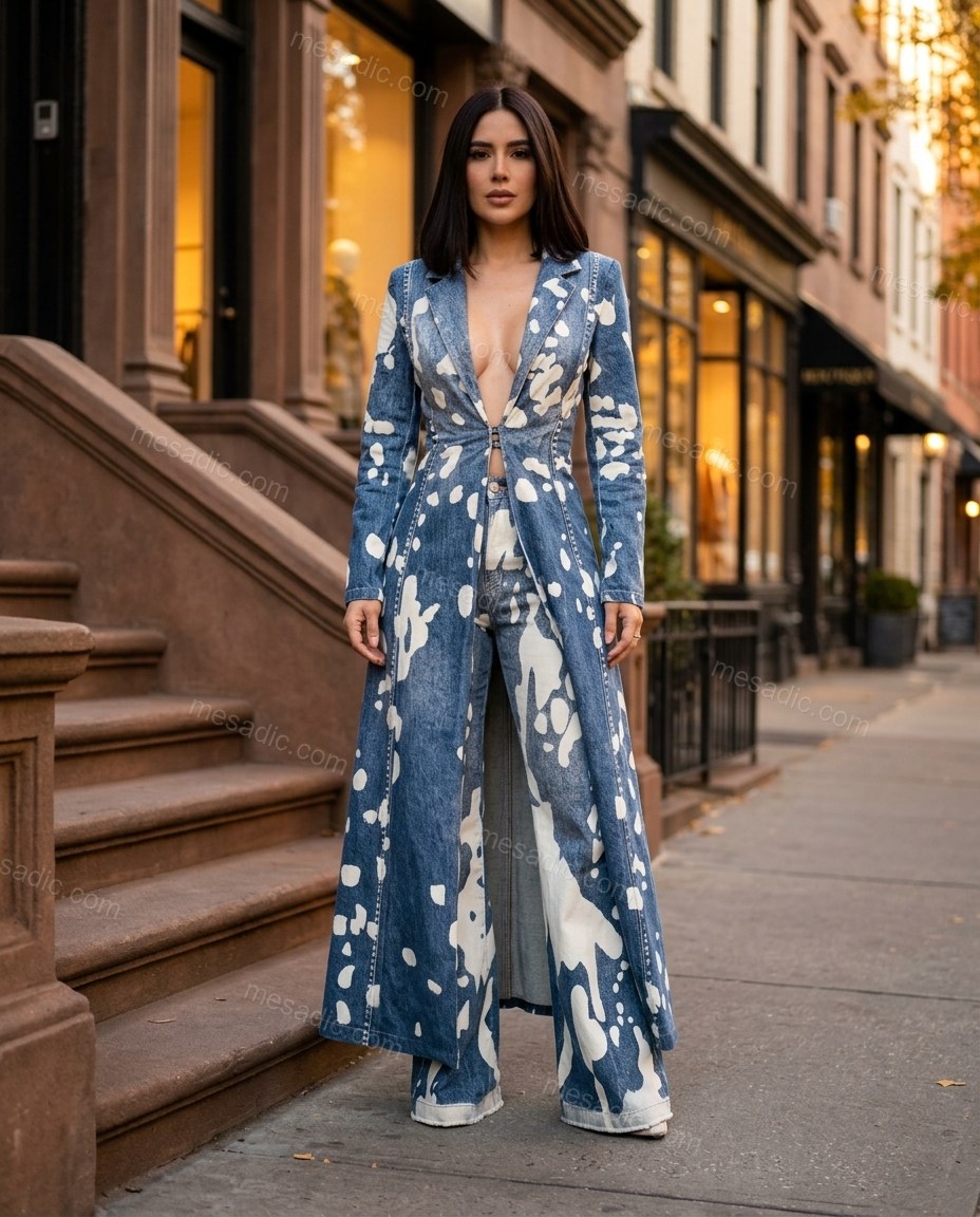 Blue Abstract Denim Pants Set, three-quarter brand lifestyle view, by mesadic.com