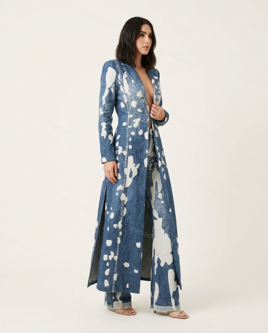 Blue Abstract Denim Pants Set, side and back studio view showing no visible back details, by mesadic.com