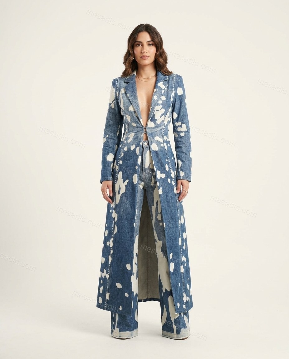 Blue Abstract Denim Pants Set, front studio view, by mesadic.com
