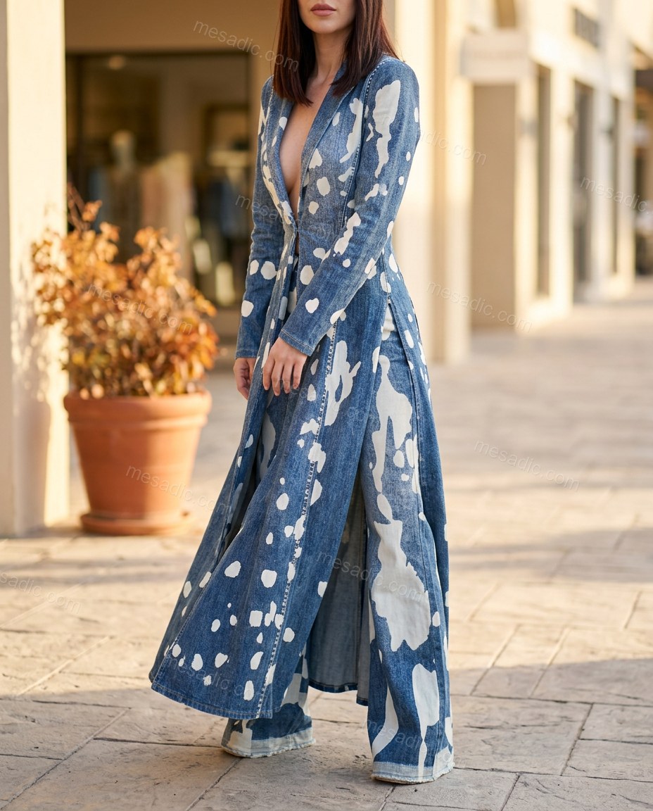 Blue Abstract Denim Pants Set, alternate use-case lifestyle view, by mesadic.com