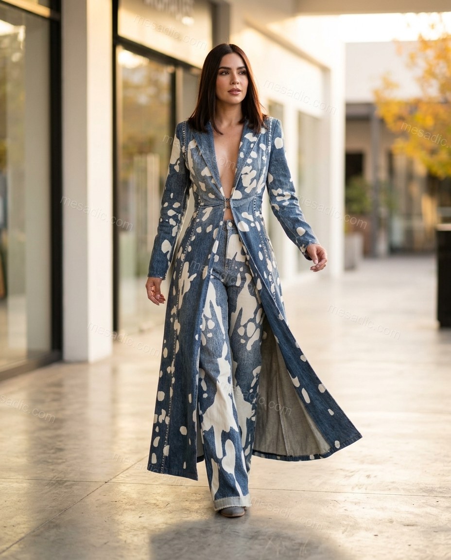 Blue Abstract Denim Pants Set, movement and fit lifestyle view, by mesadic.com