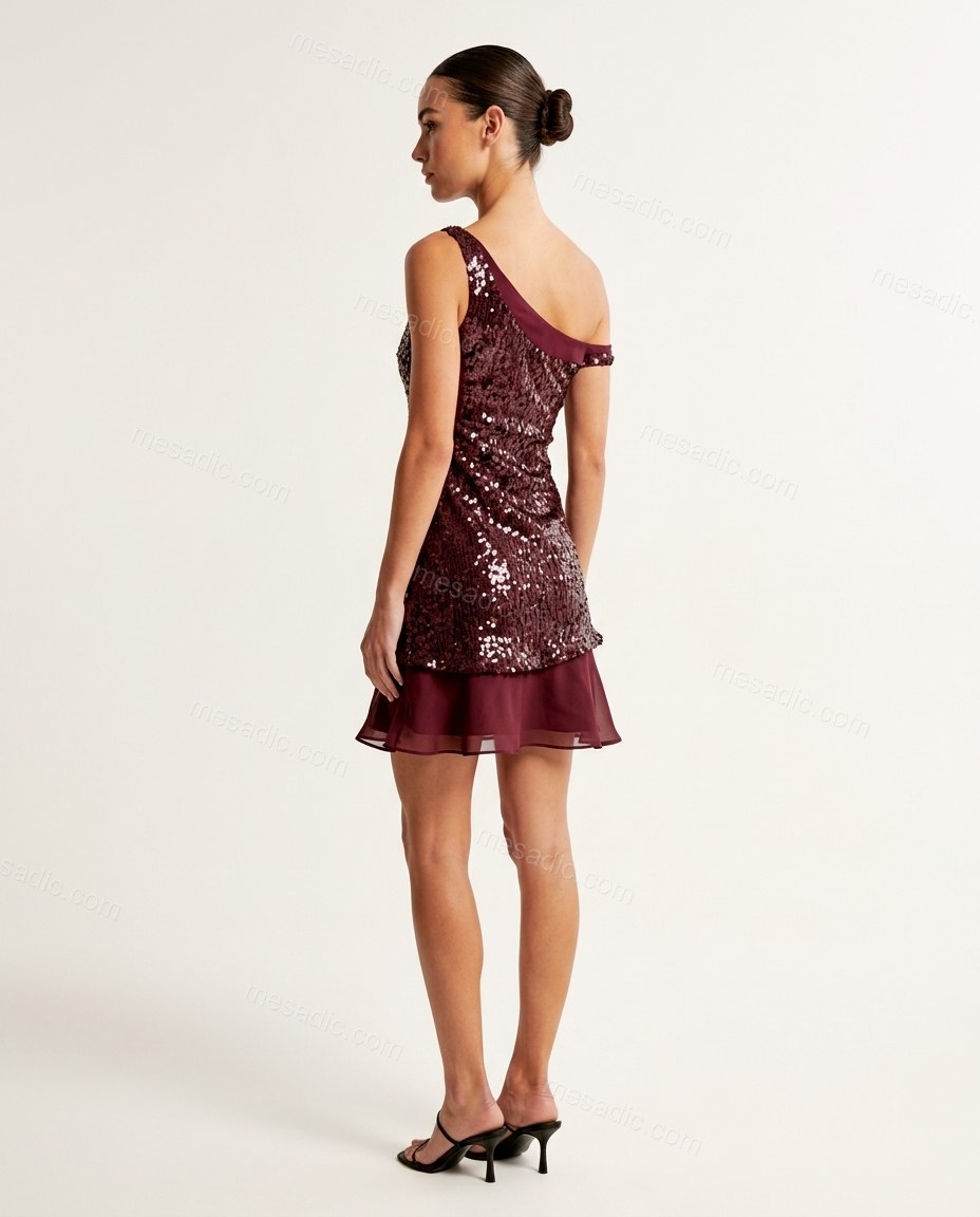 Burgundy Mini One-Shoulder Ruffled Dress, back studio view showing straight back with sequins, by mesadic.com