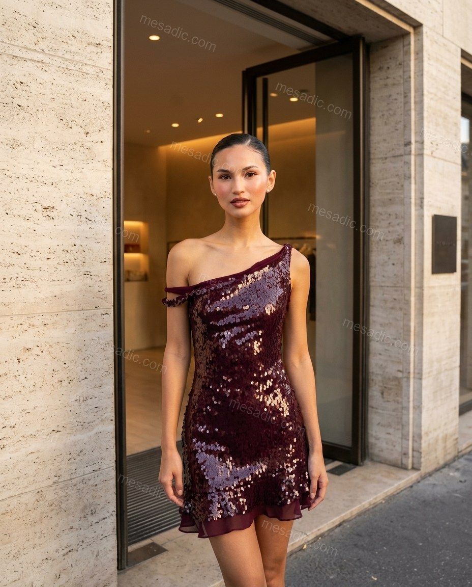 Burgundy Mini One-Shoulder Ruffled Dress, three-quarter brand lifestyle view, by mesadic.com