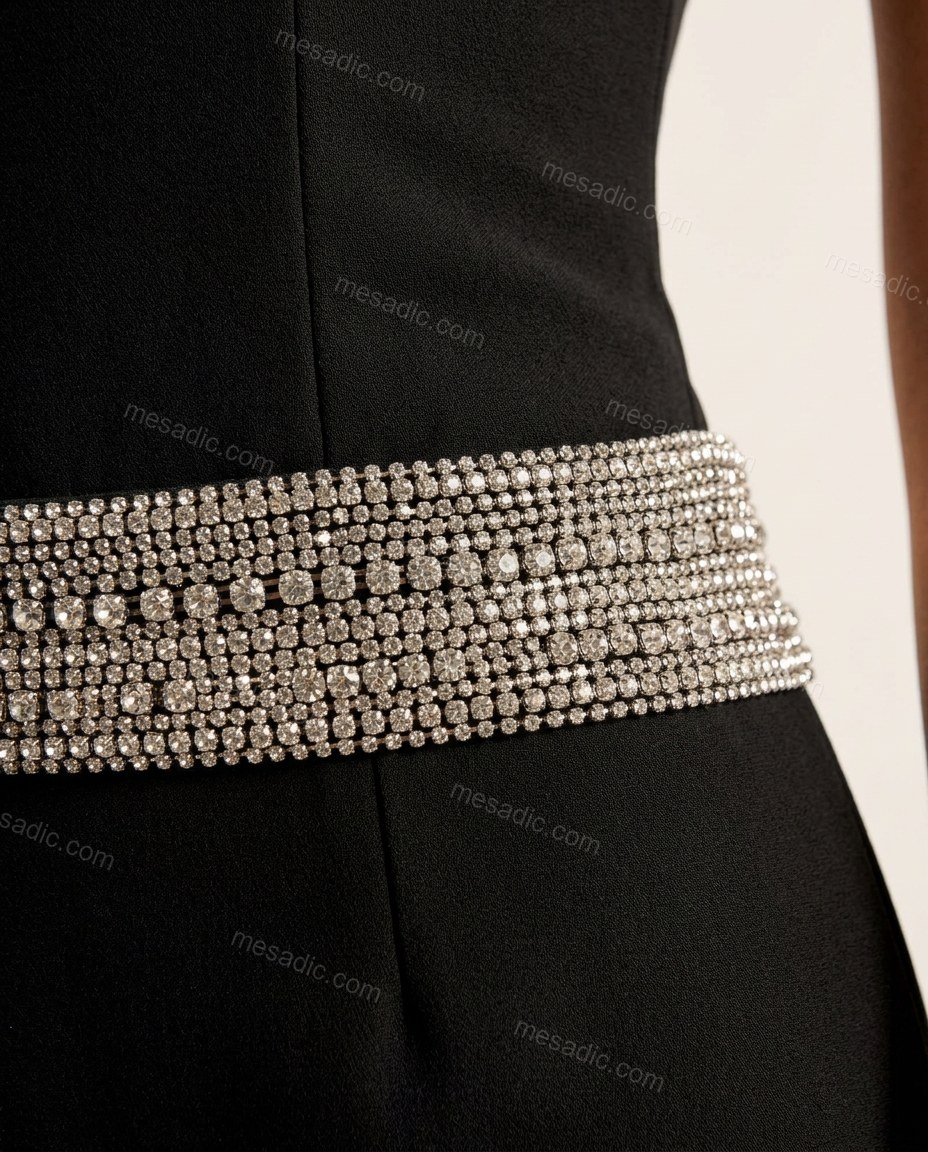 Black Mini Halter Knit Dress, close-up of silver accents, backless and embellished neckline, by mesadic.com