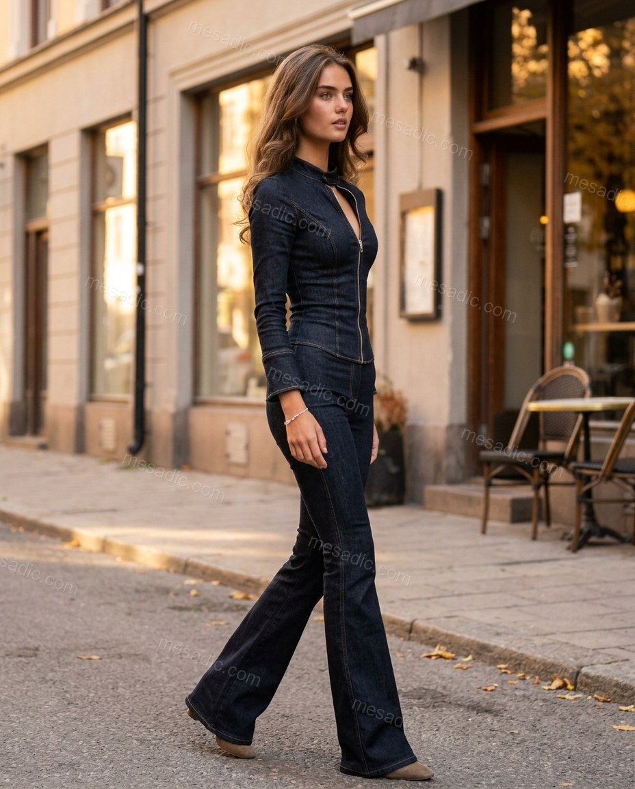 Dark Blue Denim Jumpsuit, walking lifestyle view, by mesadic.com