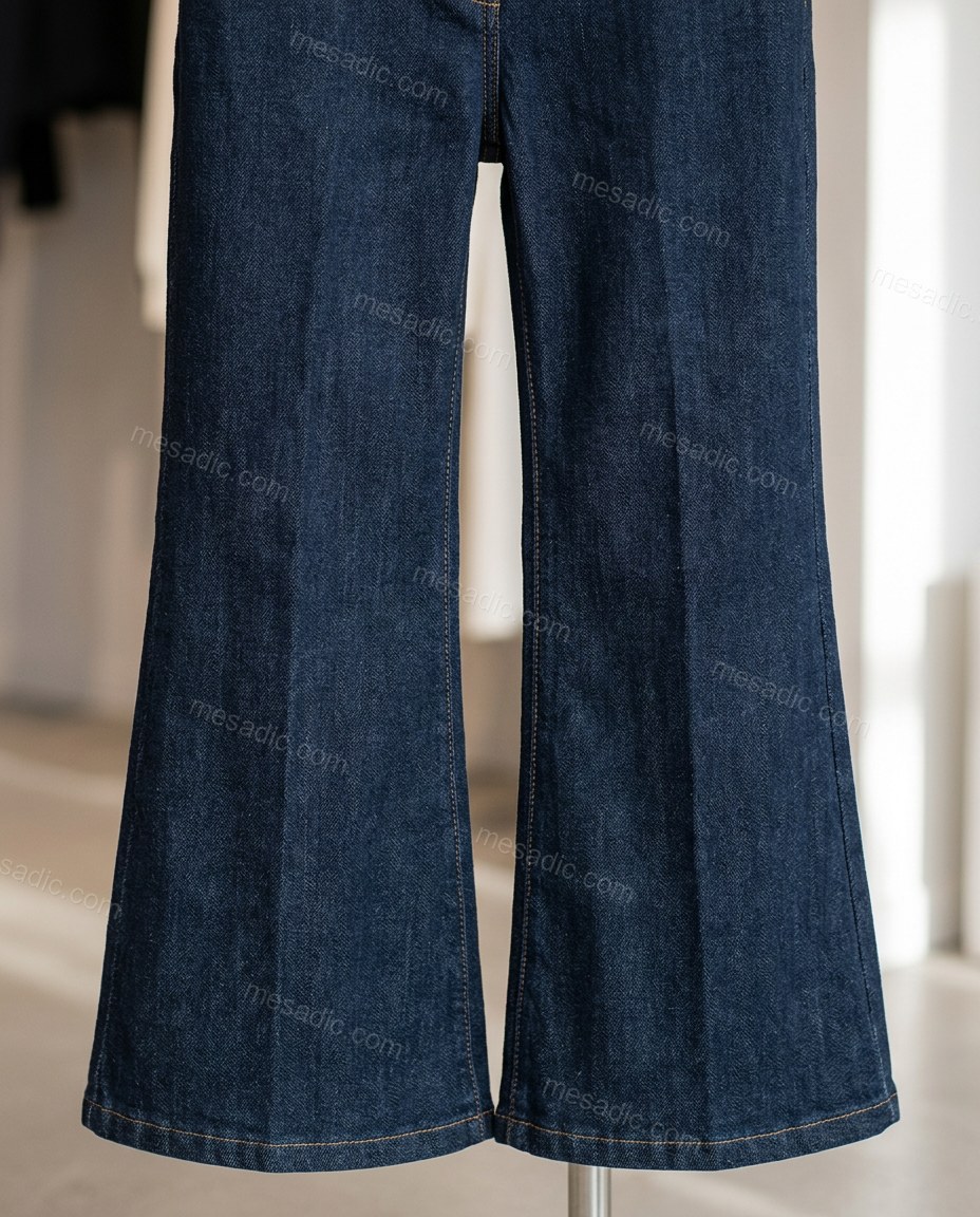 Dark Blue Denim Jumpsuit, close-up of front zipper, keyhole cutout and contrast stitching, by mesadic.com