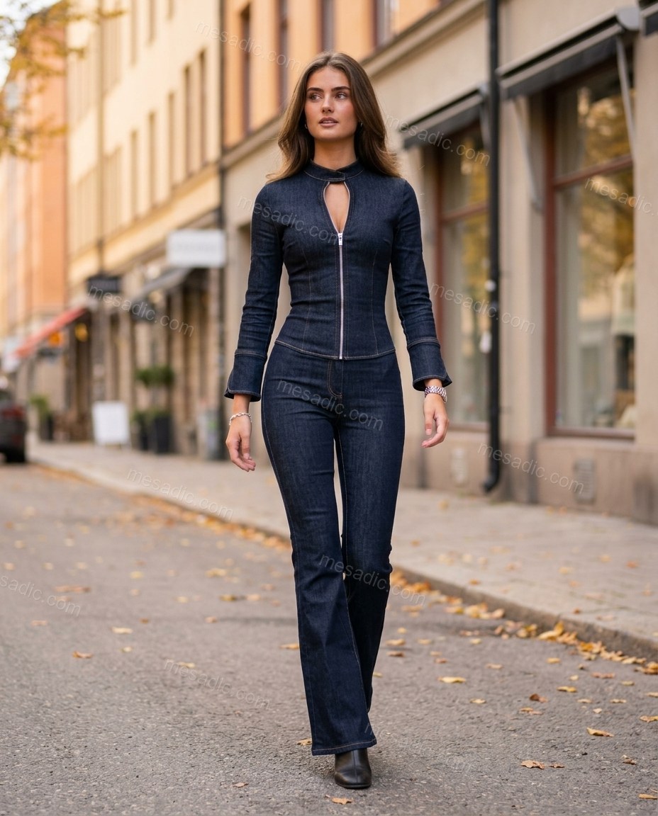 Dark Blue Denim Jumpsuit, movement and fit lifestyle view, by mesadic.com