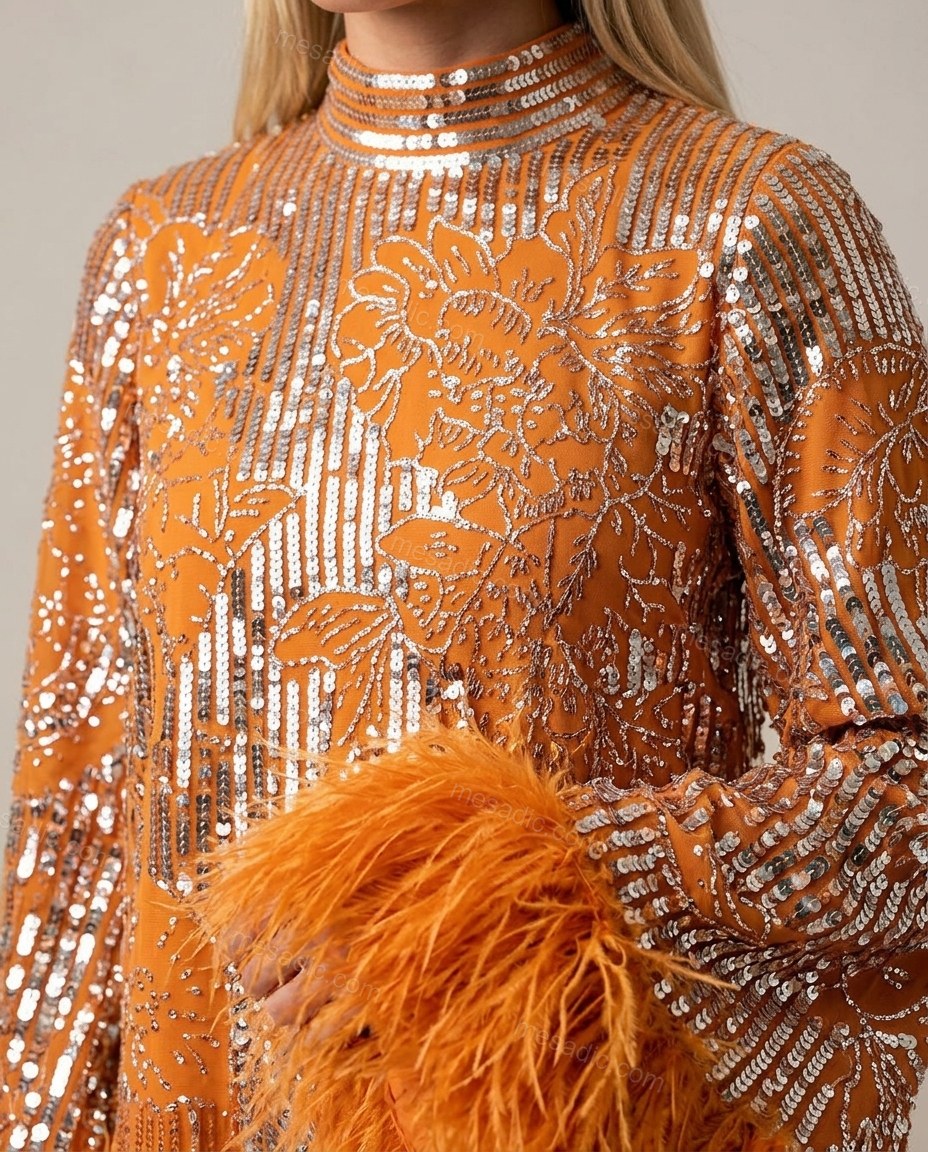 Orange Floral Mini Feather-Trim Dress, close-up of floral, by mesadic.com