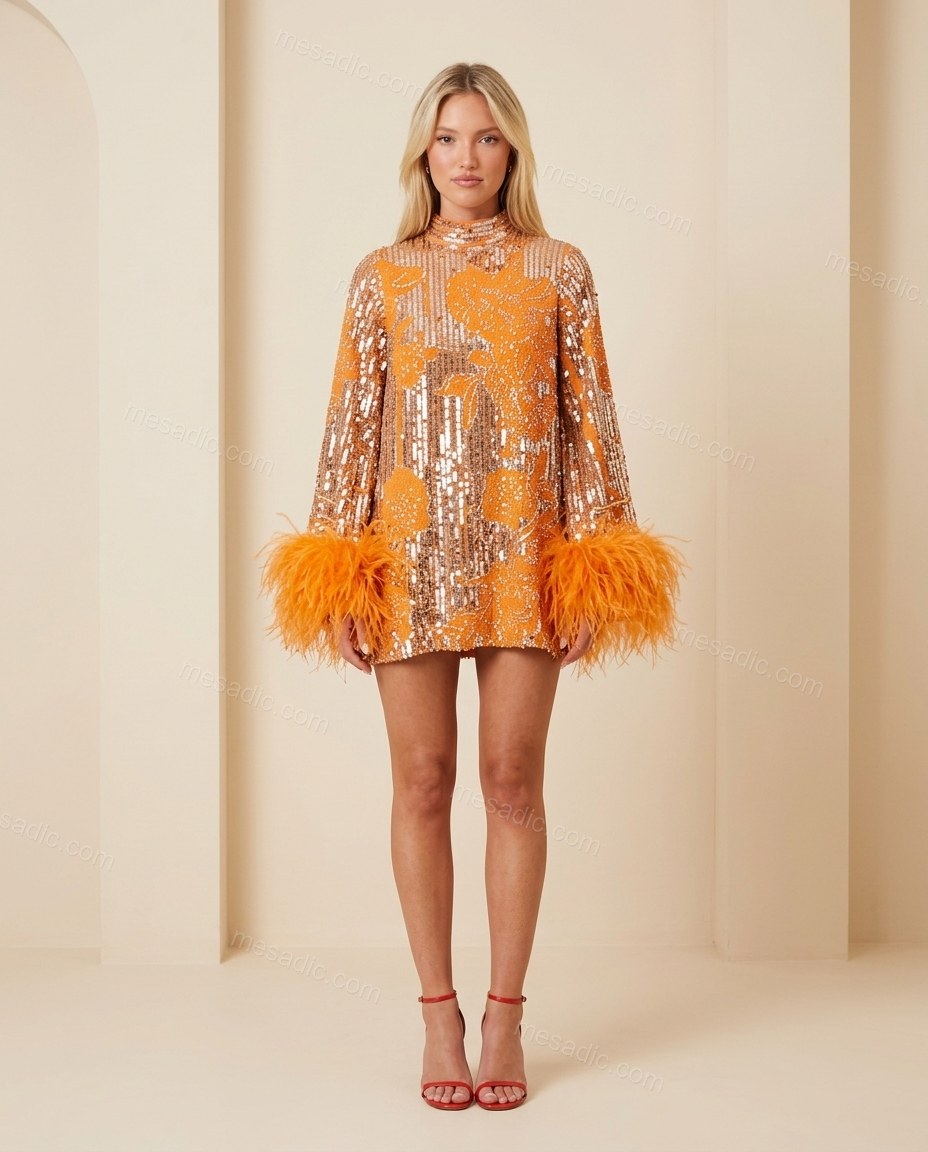 Orange Floral Mini Feather-Trim Dress, full-length hero view, by mesadic.com