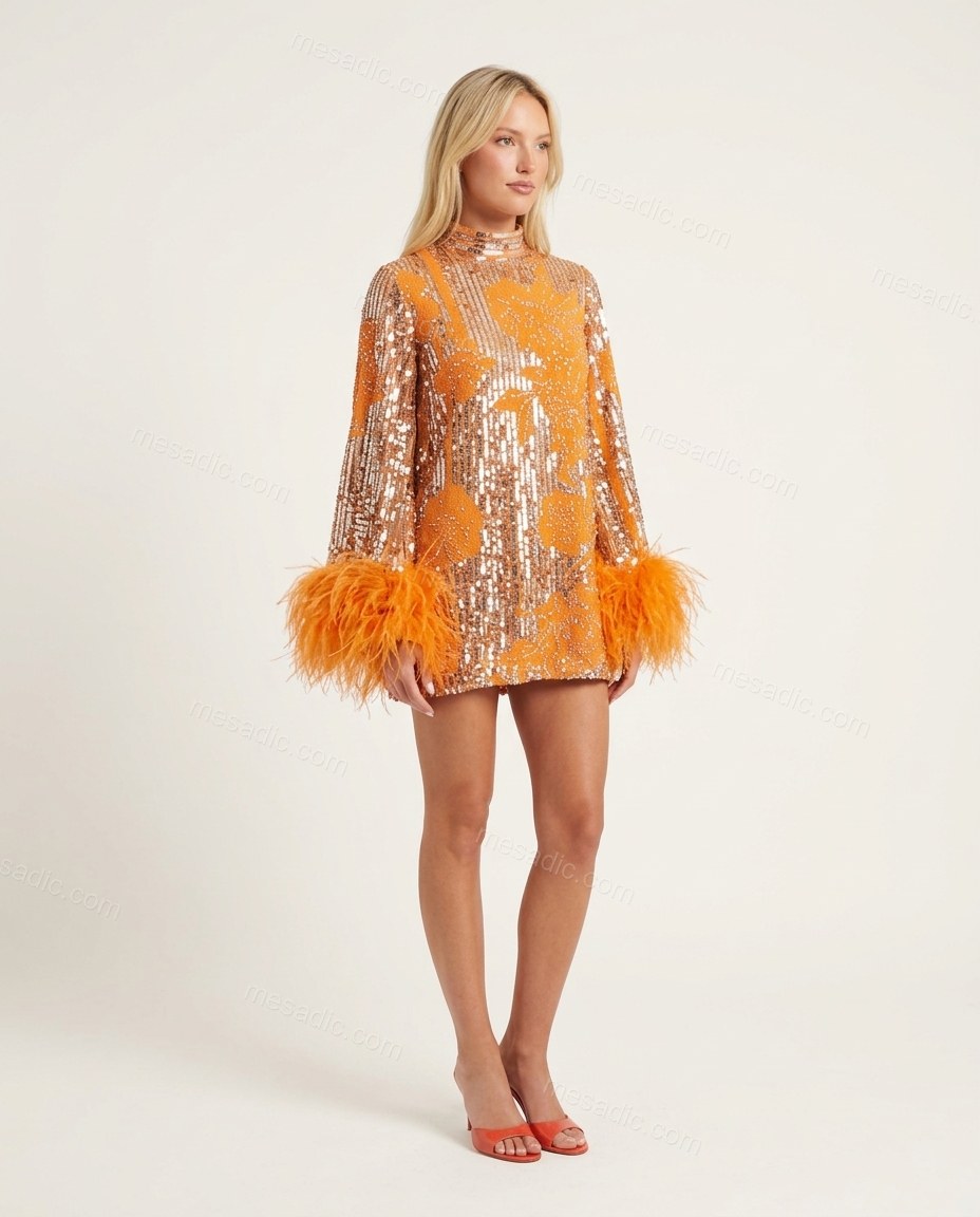 Orange Floral Mini Feather-Trim Dress, front studio view, by mesadic.com