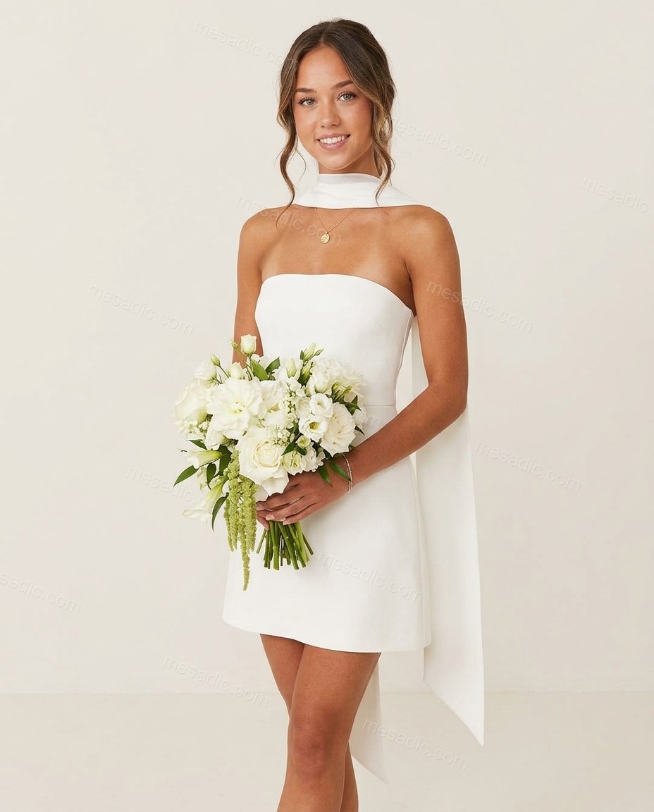 White Mini Strapless Dress, front studio view, by mesadic.com