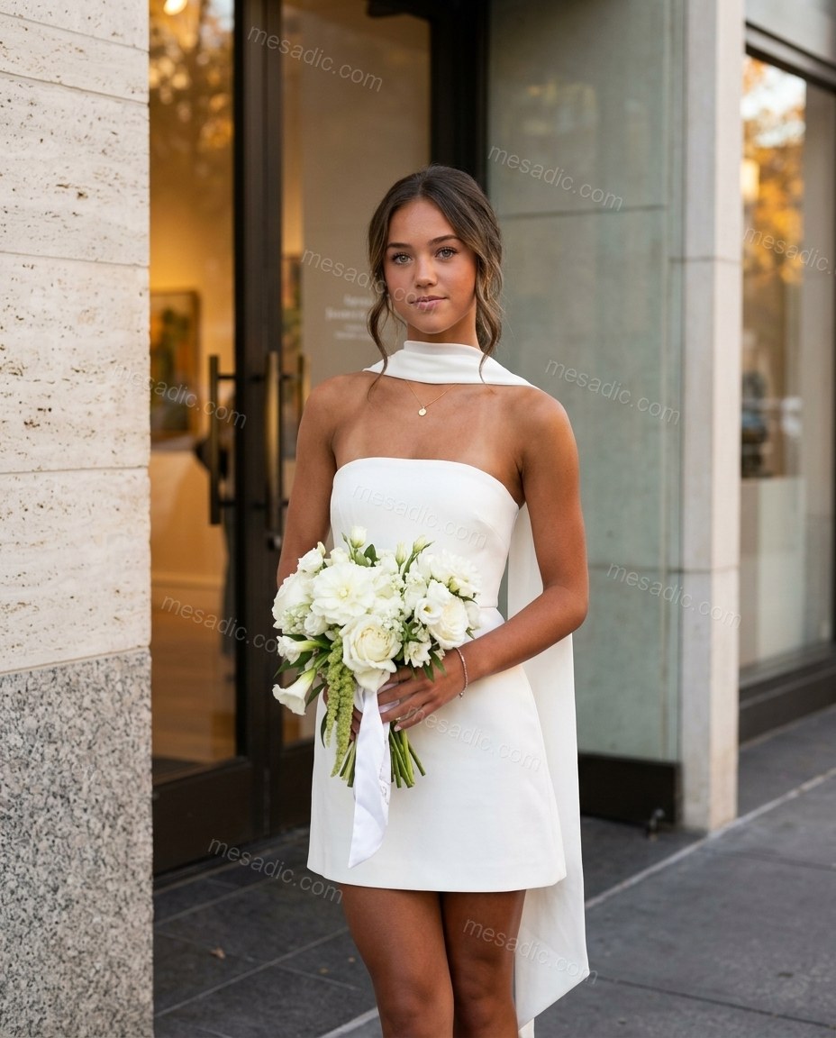 White Mini Strapless Dress, movement and fit lifestyle view, by mesadic.com