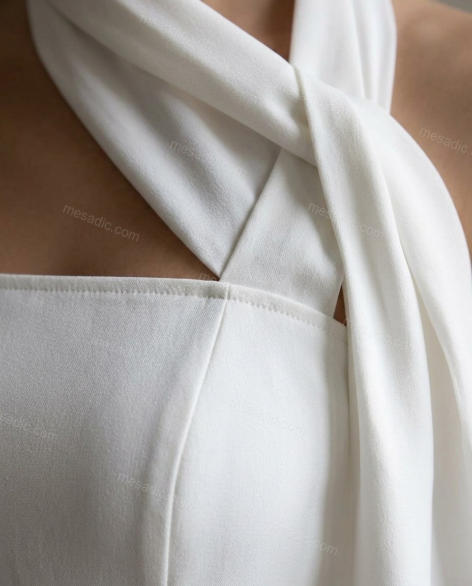 White Mini Strapless Dress, close-up of neck ties, sash detail and bandeau bodice, by mesadic.com