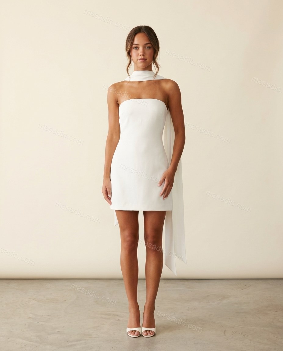 White Mini Strapless Dress, full-length hero view, by mesadic.com