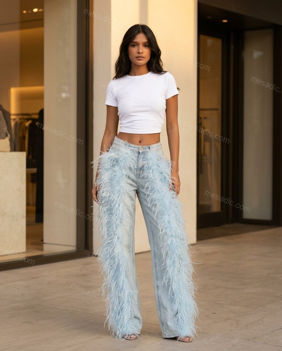 Light Blue Feather-Trim Denim Pants, three-quarter brand lifestyle view, by mesadic.com