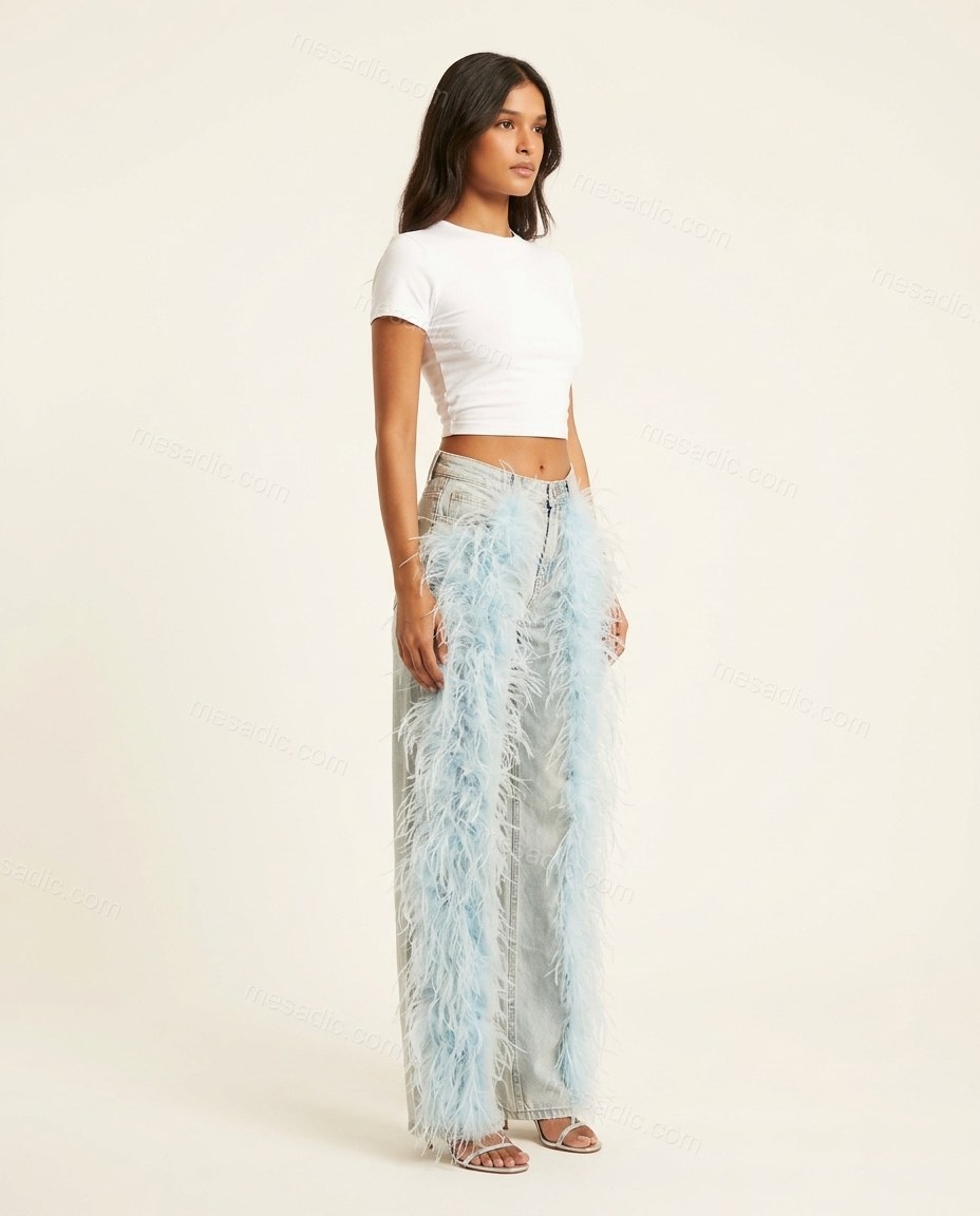 Light Blue Feather-Trim Denim Pants, side and back studio view showing not visible, by mesadic.com