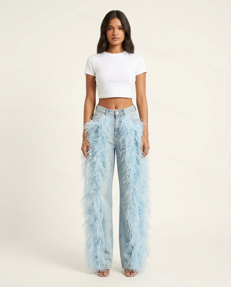 Light Blue Feather-Trim Denim Pants, front studio view, by mesadic.com