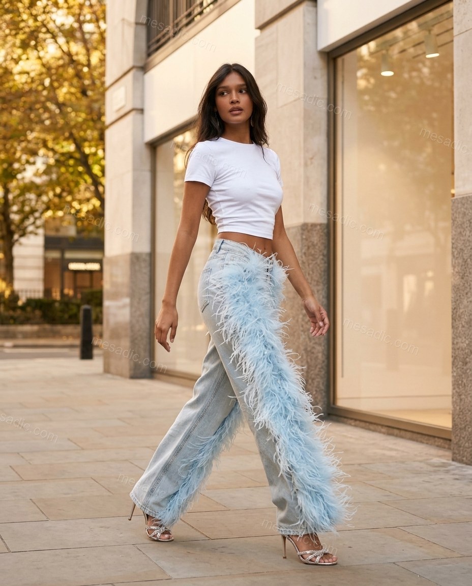Light Blue Feather-Trim Denim Pants, walking lifestyle view, by mesadic.com