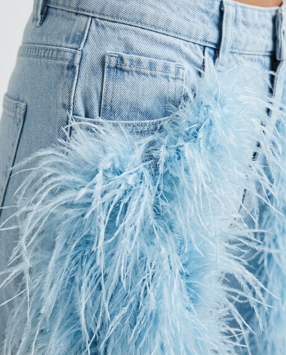 Light Blue Feather-Trim Denim Pants, close-up of feather trim, five-pocket style and feather embellishment, by mesadic.com