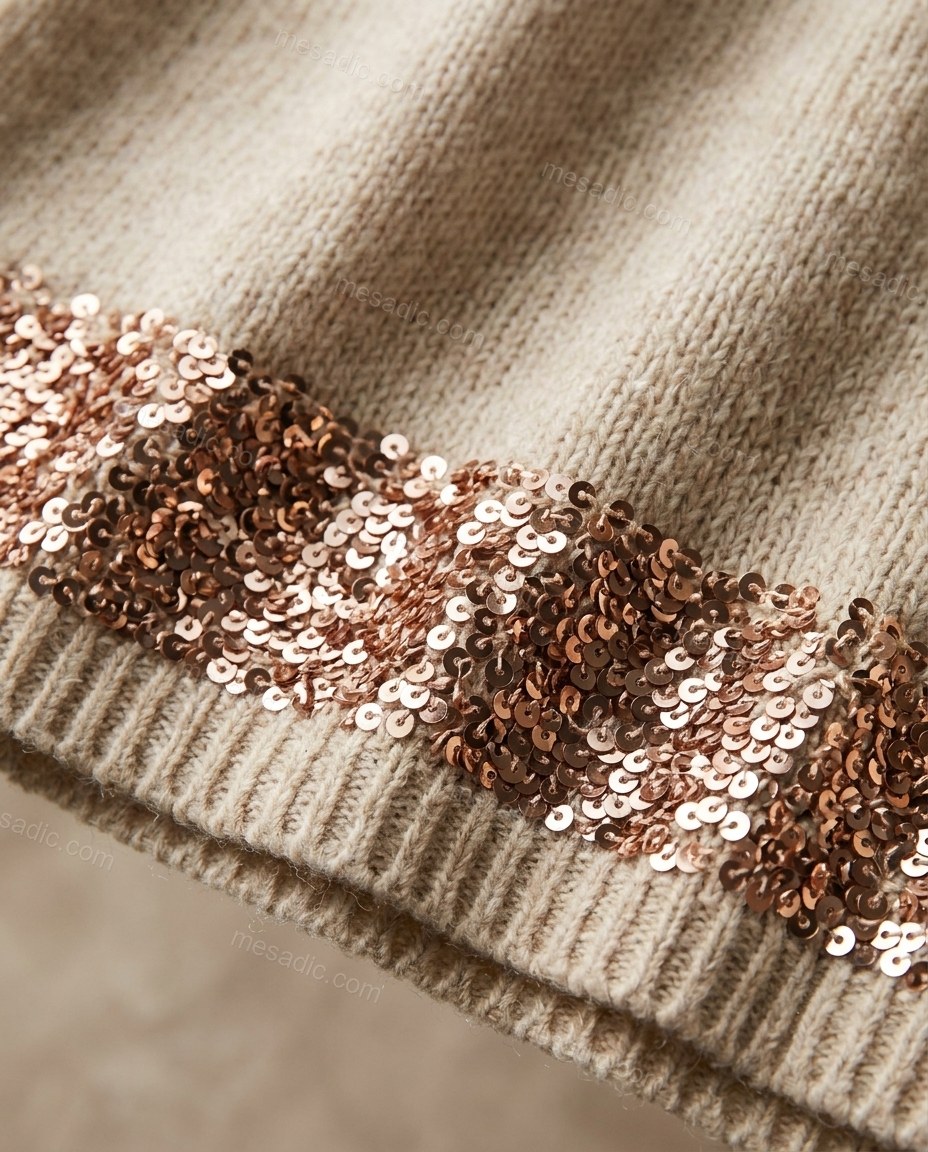 White Knit Ribbed Two-Piece Set, close-up of rose gold accents, sequin embellishment and ribbed knit texture, by mesadic.com