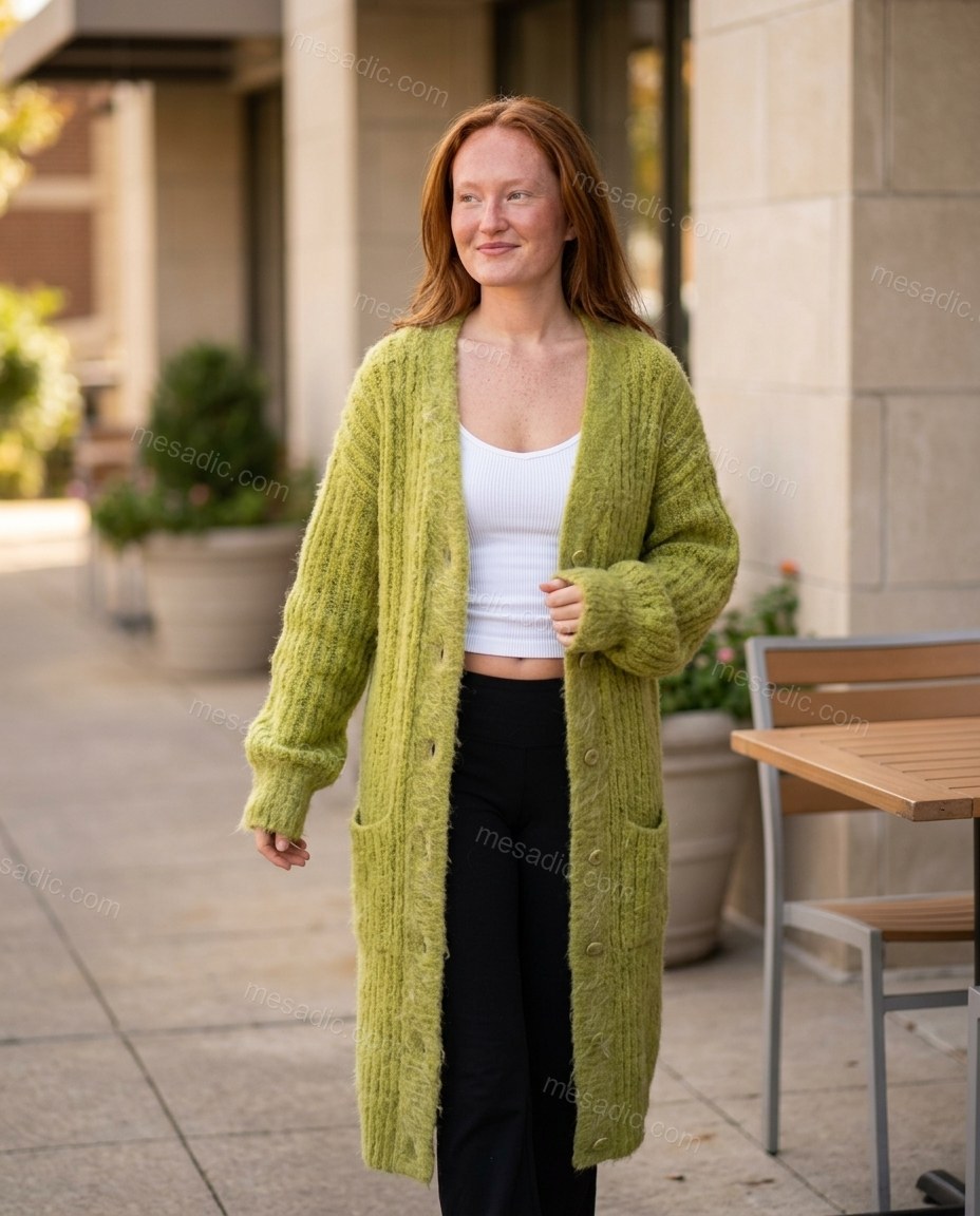 Lime Green Knit Cardigan, walking lifestyle view, by mesadic.com