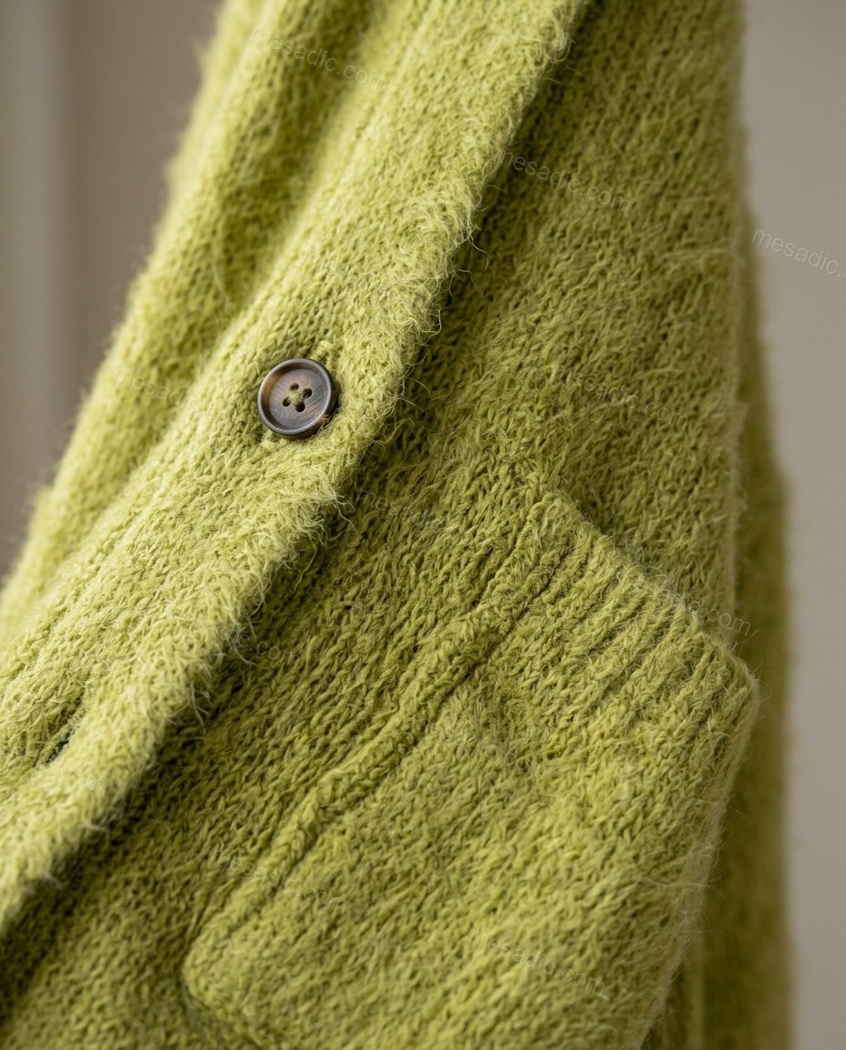 Lime Green Knit Cardigan, close-up of button-front, pockets and long sleeves, by mesadic.com