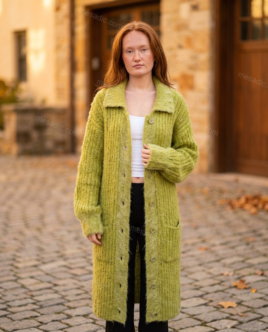 Lime Green Knit Cardigan, three-quarter brand lifestyle view, by mesadic.com