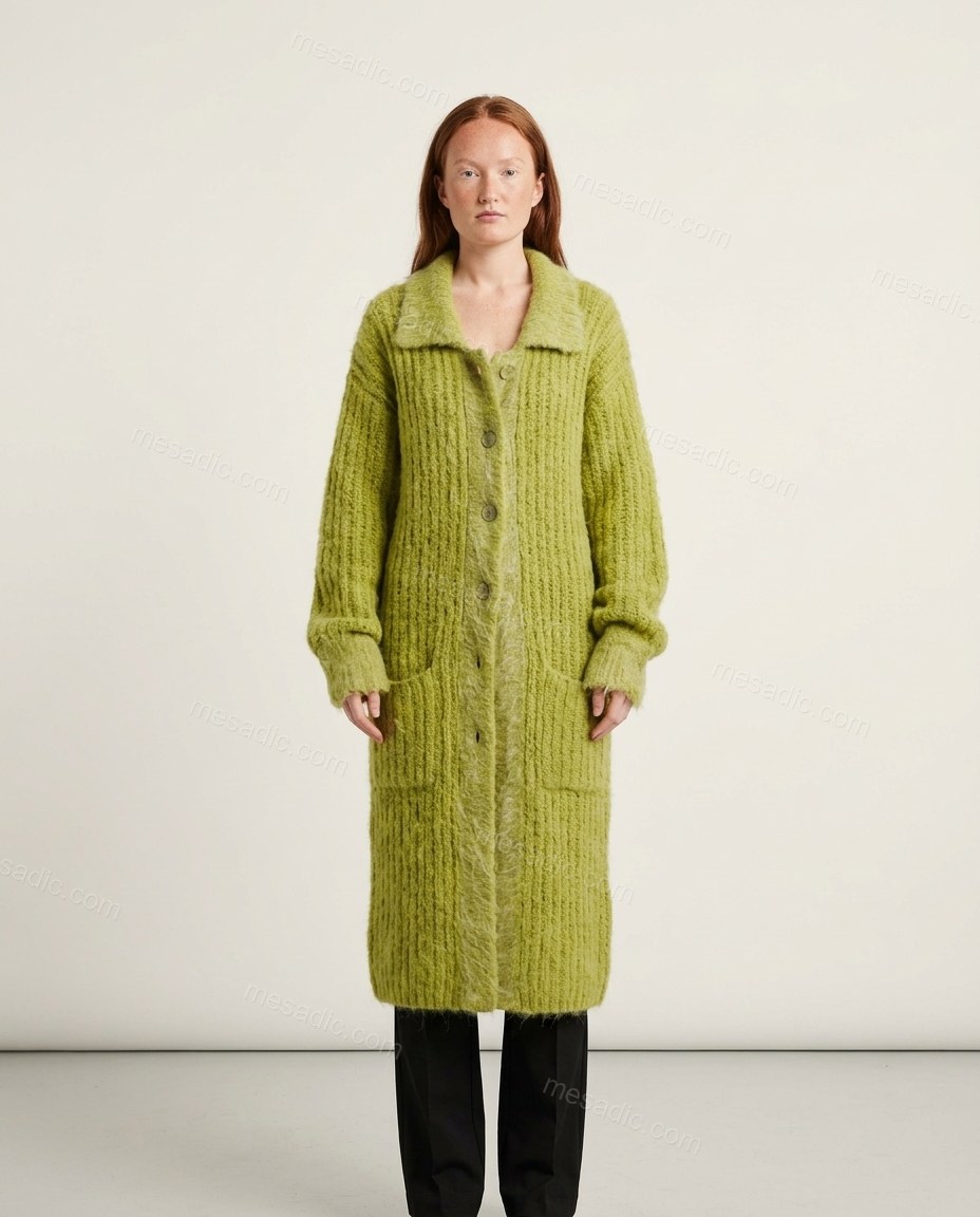 Lime Green Knit Cardigan, front studio view, by mesadic.com