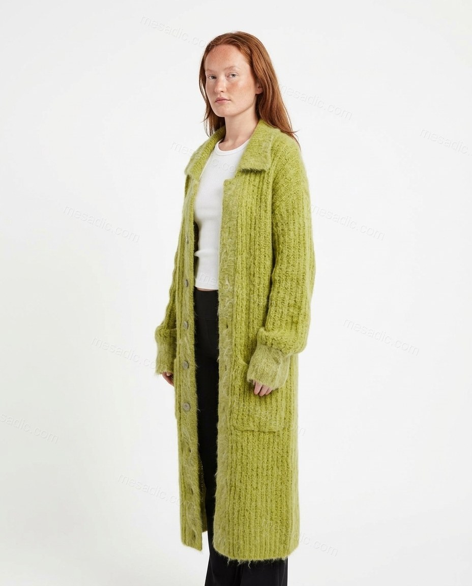 Lime Green Knit Cardigan, side and back studio view, by mesadic.com