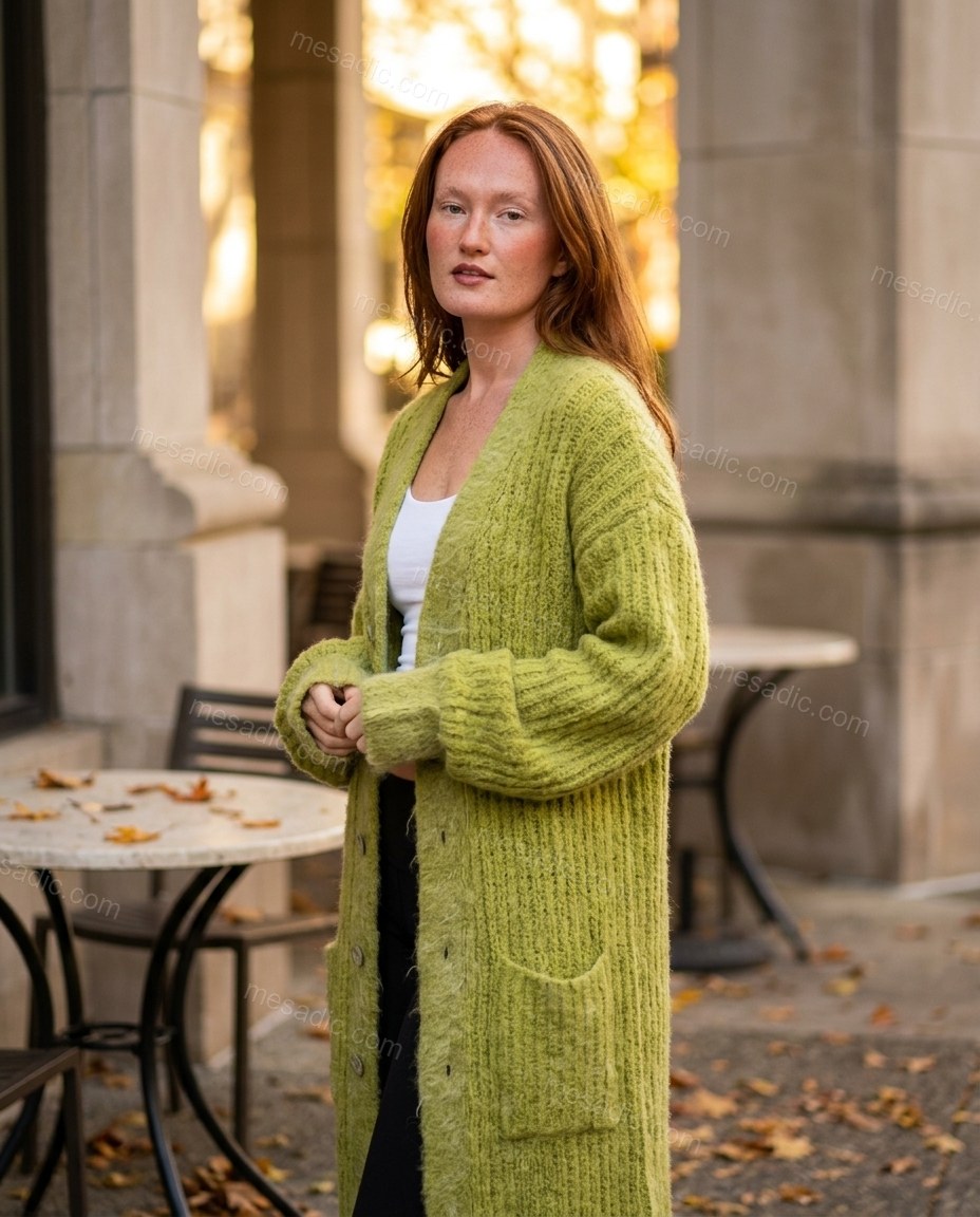 Lime Green Knit Cardigan, alternate use-case lifestyle view, by mesadic.com