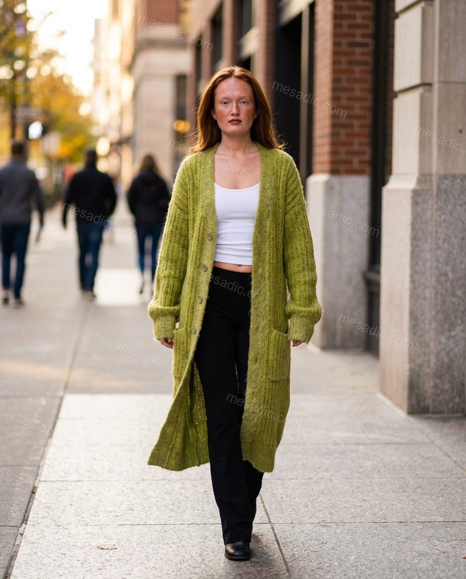 Lime Green Knit Cardigan, movement and fit lifestyle view, by mesadic.com