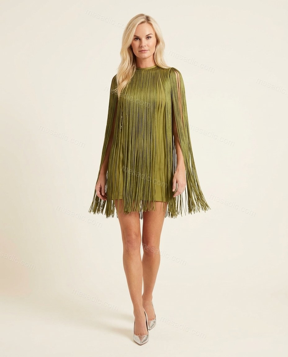 Olive Green Mini Fringe Dress, front studio view, by mesadic.com