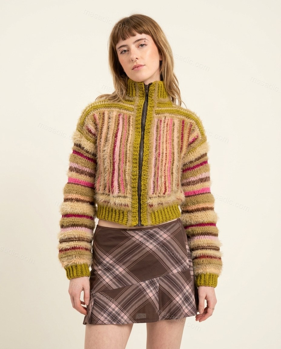 Olive Green Striped Knit Crochet Cardigan, full-length hero view, by mesadic.com