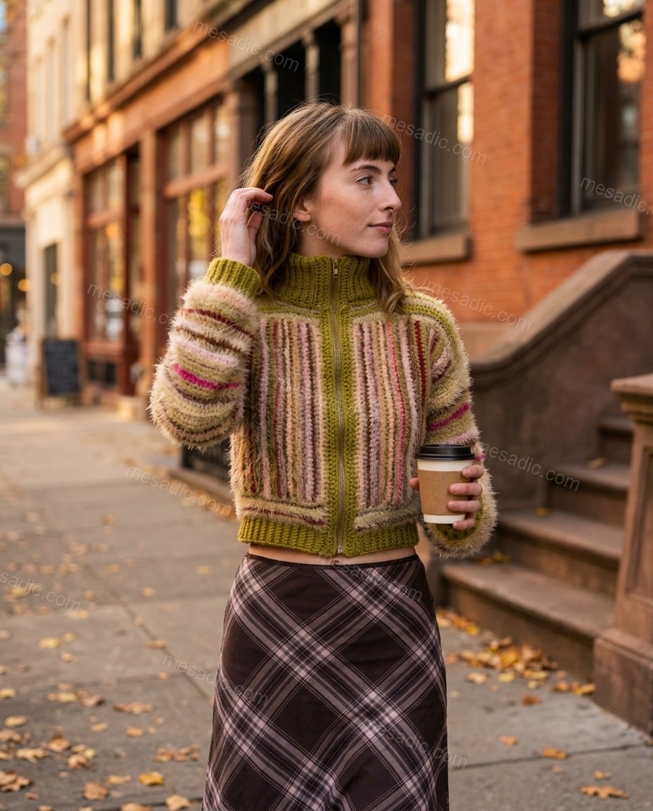 Olive Green Striped Knit Crochet Cardigan, movement and fit lifestyle view, by mesadic.com
