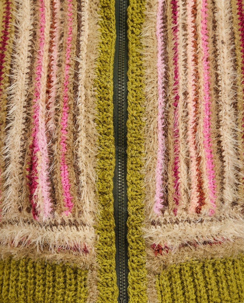 Olive Green Striped Knit Crochet Cardigan, close-up of striped, by mesadic.com