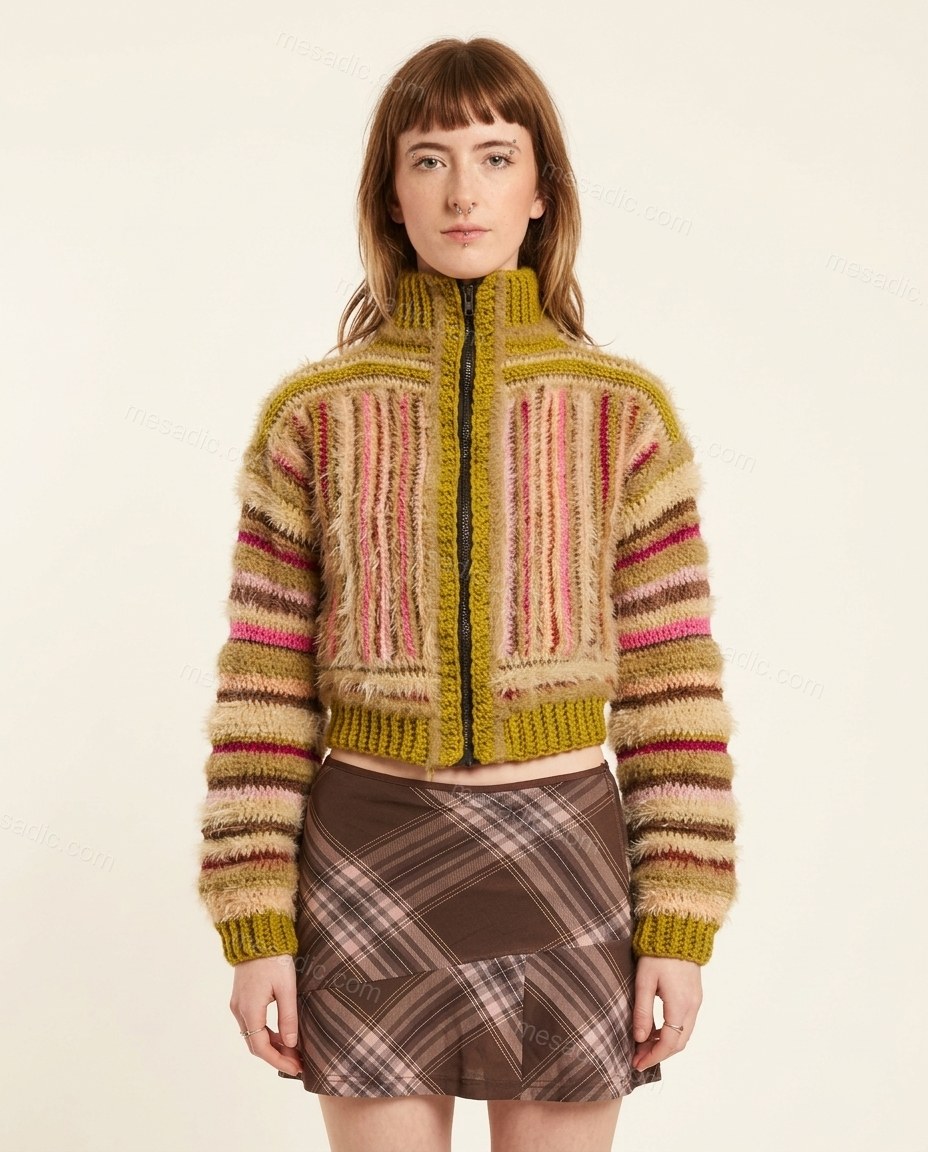 Olive Green Striped Knit Crochet Cardigan, front studio view, by mesadic.com