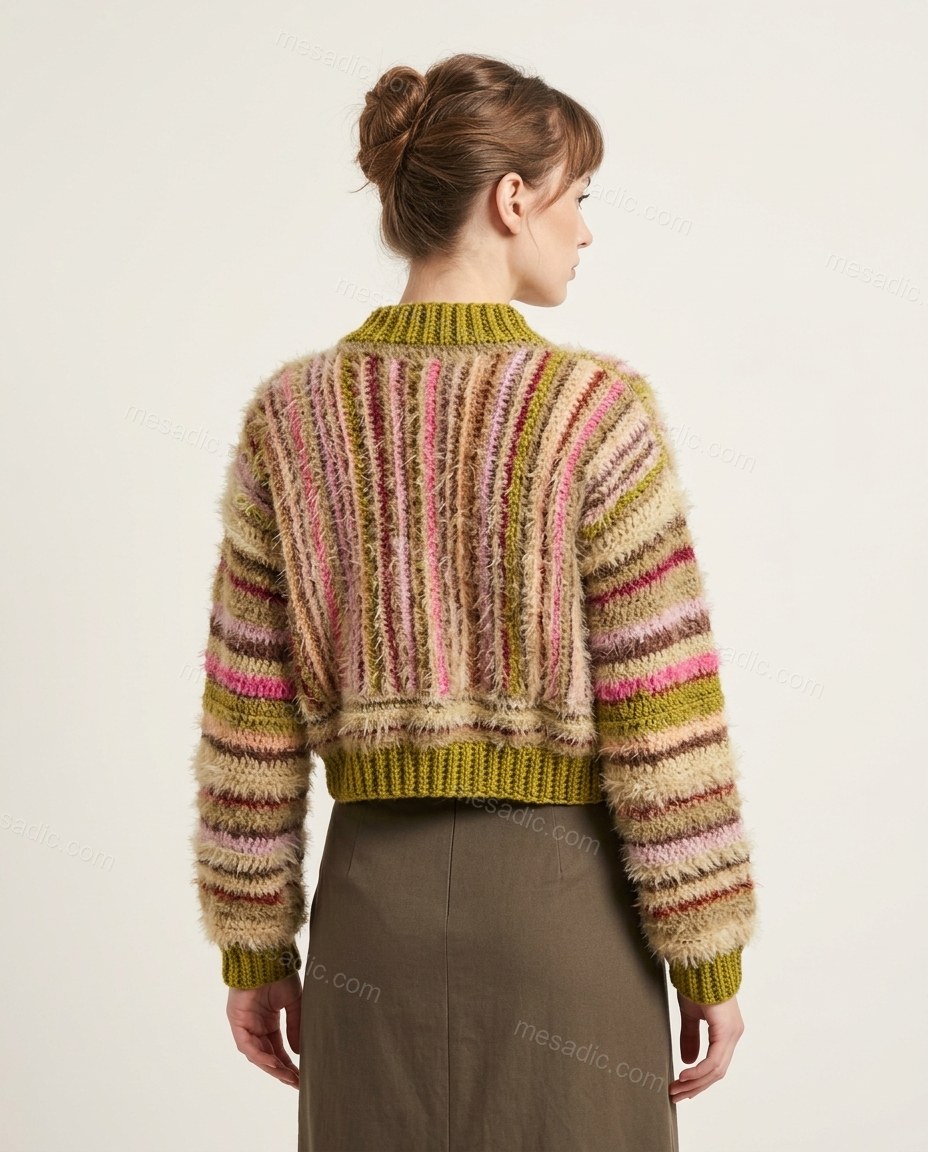 Olive Green Striped Knit Crochet Cardigan, back studio view, by mesadic.com