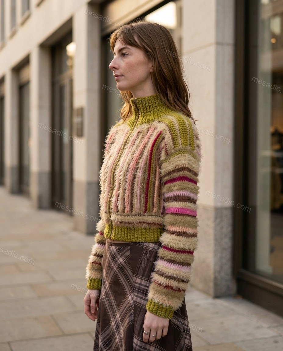 Olive Green Striped Knit Crochet Cardigan, walking lifestyle view, by mesadic.com